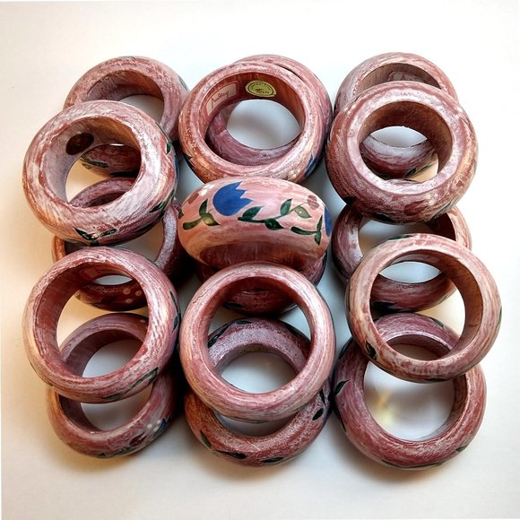 16 Vintage Hand Painted Floral Wood Napkin Rings Audrey NWOT Rustic Cottagecore